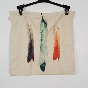 HOSL Feather Throw Pillow Cover Unisex 17x17 Beige Boho Watercolor Rustic Linen